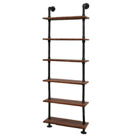 Rustic 6-level industrial pipe shelf made of metal pipes and solid timber displayed in a modern room.