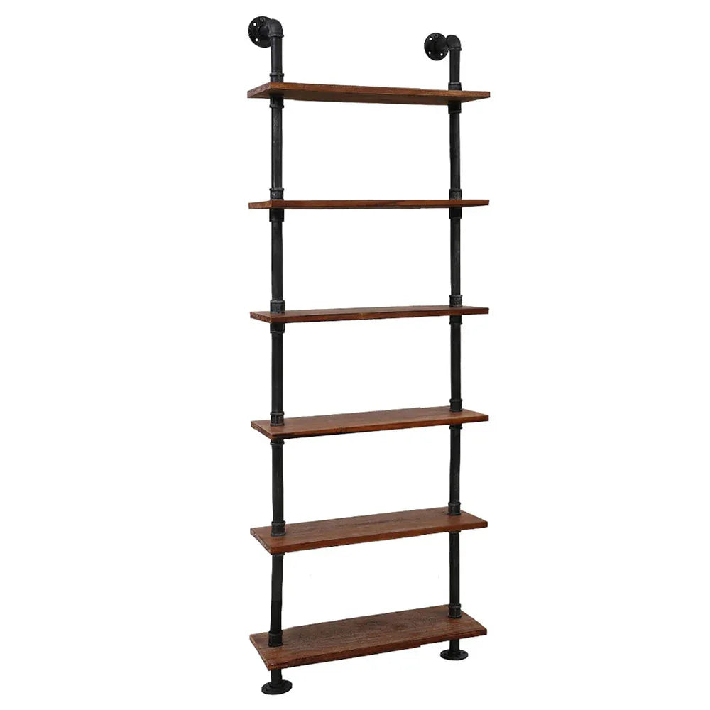 Side view of the 6-level rustic industrial pipe shelf showing the sturdy pipe framework.