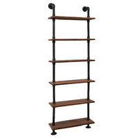 Side view of the 6-level rustic industrial pipe shelf showing the sturdy pipe framework.