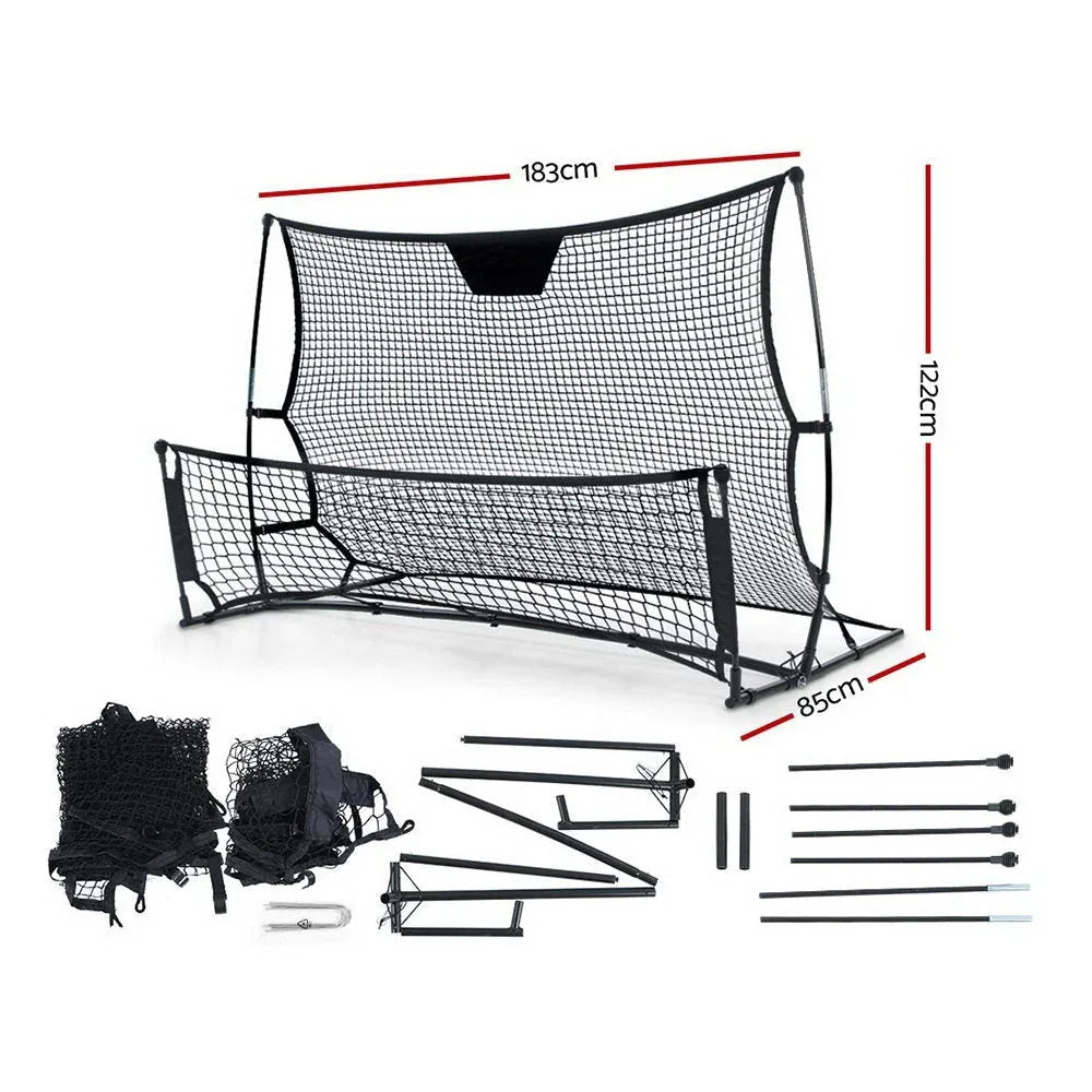 Close-up of sturdy steel frame and strong net of Everfit Portable Soccer Rebounder set up for training.