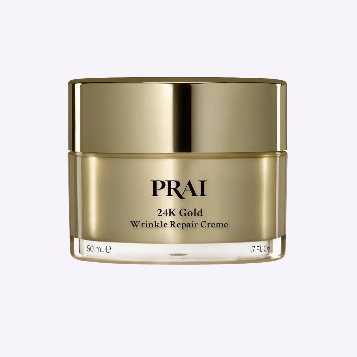 Jar of PRAI Beauty 24K Gold Wrinkle Repair Creme with gold and white packaging on a white background