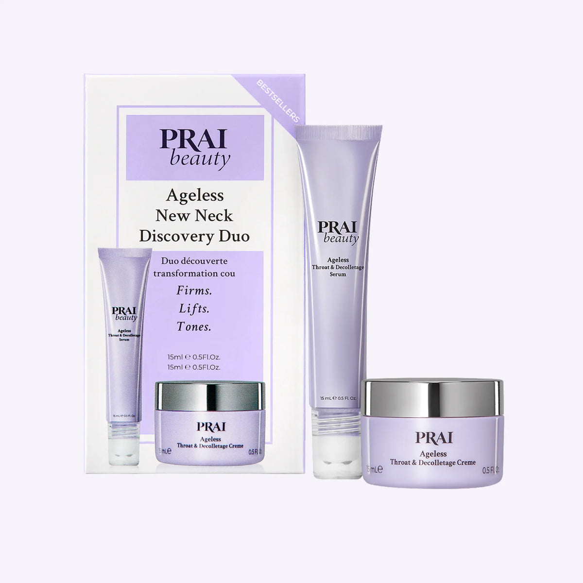 PRAI Beauty Ageless New Neck Discovery Duo packaging with two travel-size skincare products for neck and decolletage