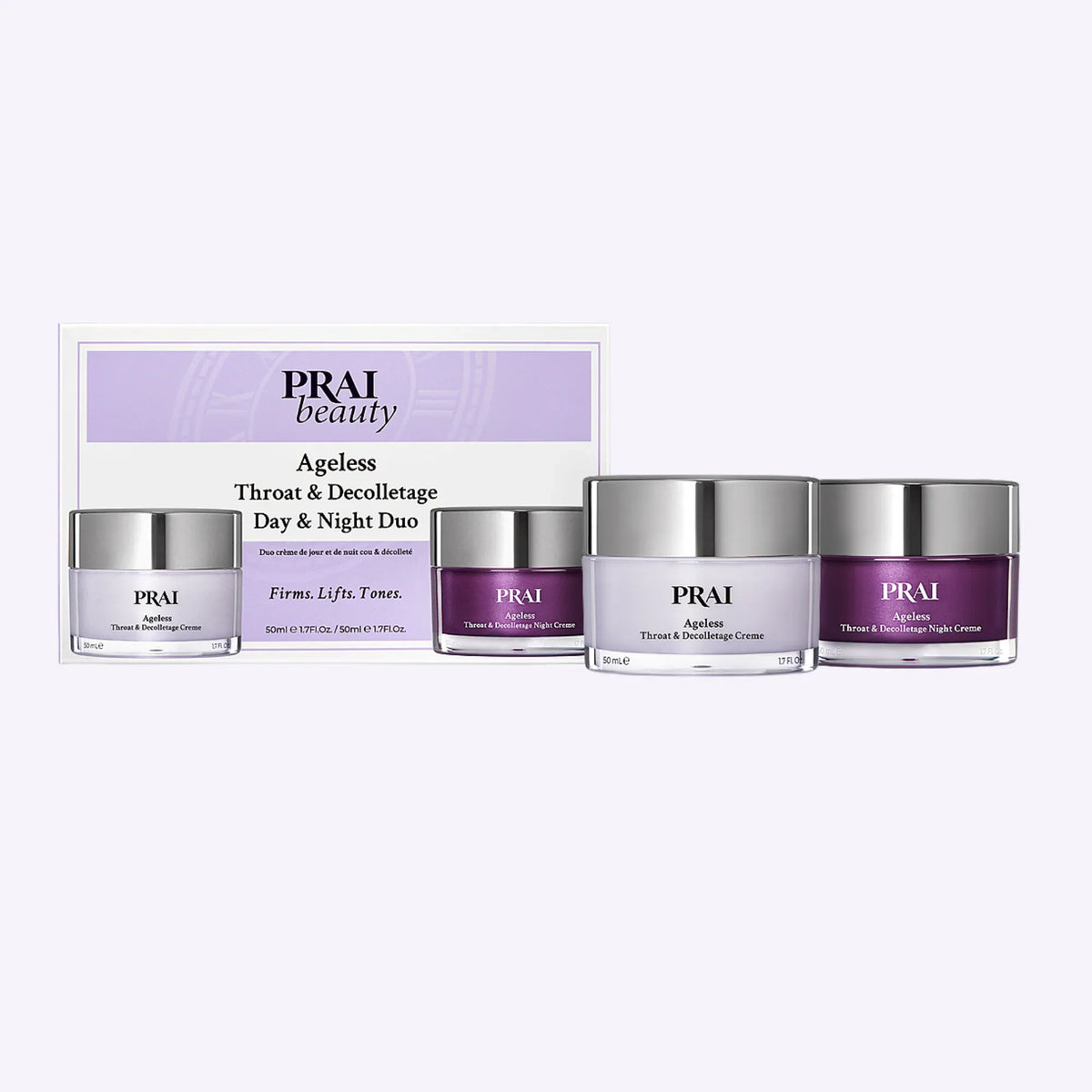 Ageless Throat & Decolletage Day and Night Creme set by PRAI Beauty, two 50ml jars with white and beige labels
