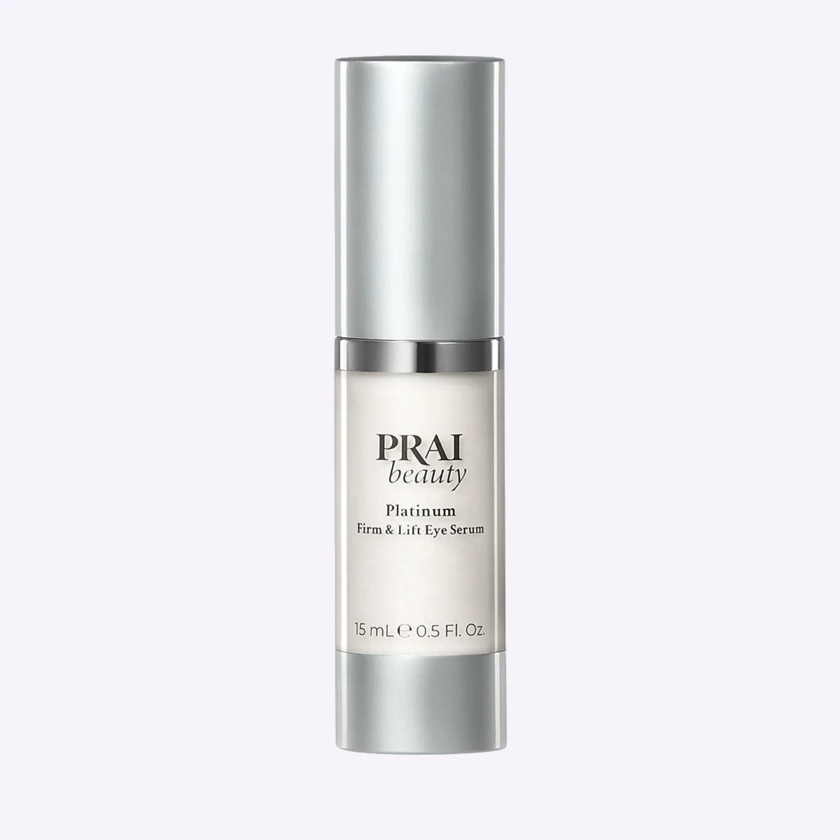 15ml bottle of PRAI Beauty Platinum Firm & Lift Eye Serum with silver and white packaging
