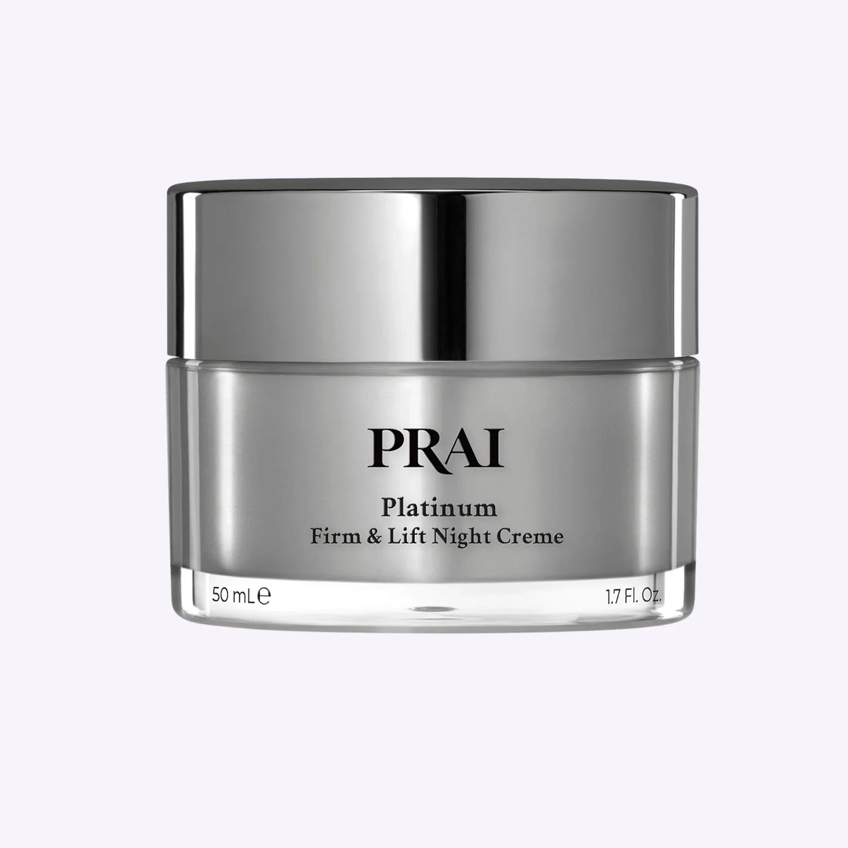 PRAI Beauty Platinum Firm & Lift Night Creme Overnight Repair in 50ml jar with silver and white packaging