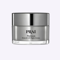 PRAI Beauty Platinum Firm & Lift Night Creme Overnight Repair in 50ml jar with silver and white packaging