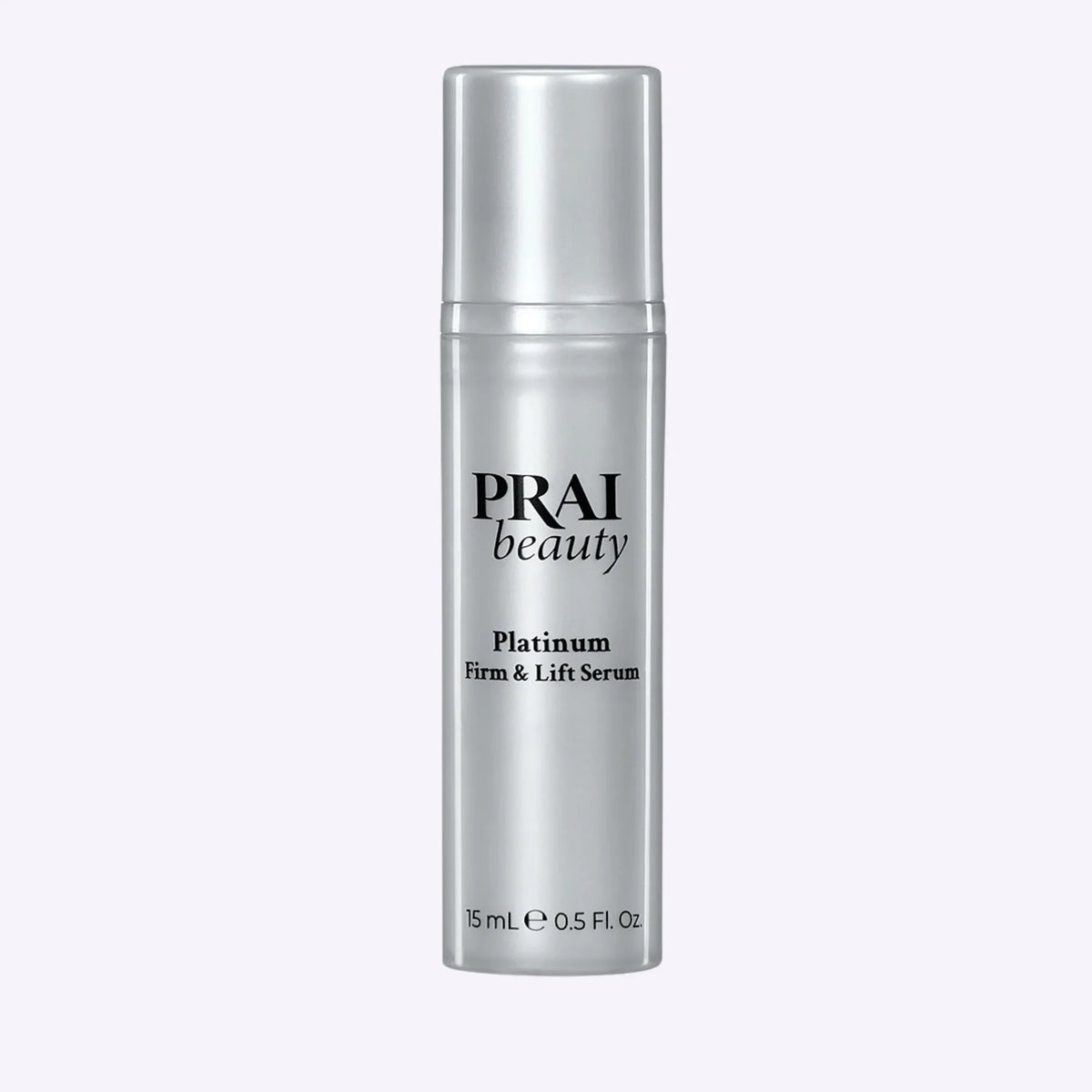 Compact PRAI Beauty Platinum Firm & Lift Serum 15ml bottle featuring elegant silver top and minimalist label.