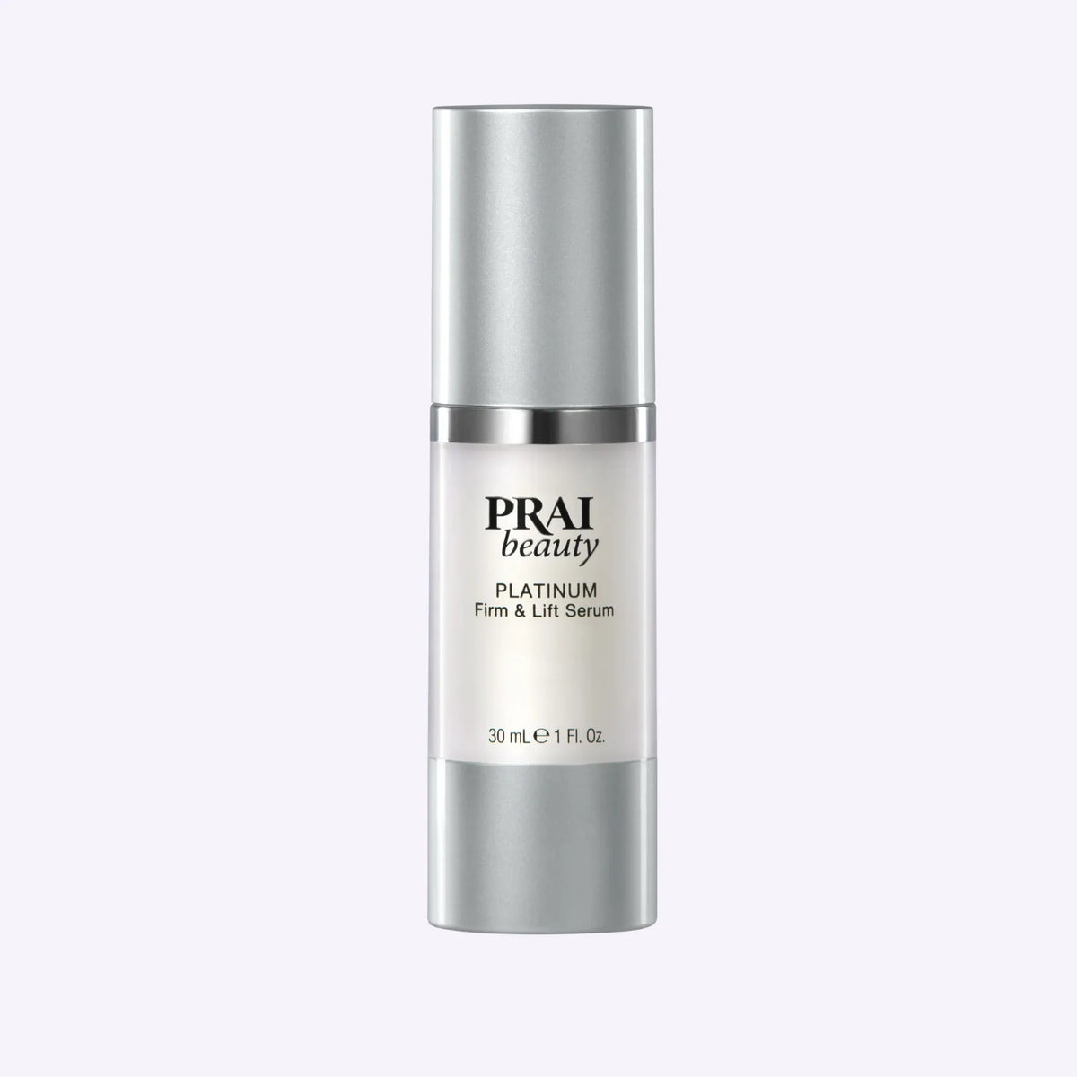 PRAI Beauty Platinum Firm & Lift Serum 30ml bottle shown with sleek silver cap and clear label.