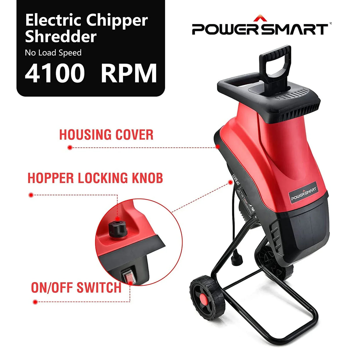 Wood chipper compact design showing handle and wheels for easy mobility.