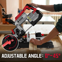 Band saw cutting metal at an angle demonstrating 0–45° adjustable cut feature