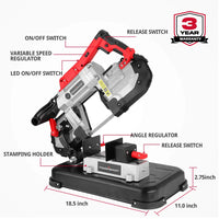 Close-up of band saw showing variable speed control dial and ergonomic grip