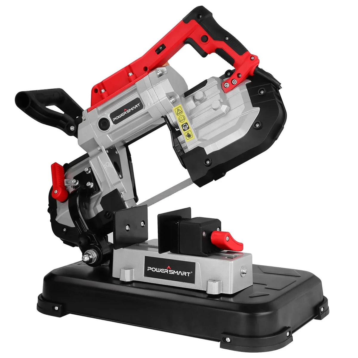 Portable band saw with removable alloy base on a white background
