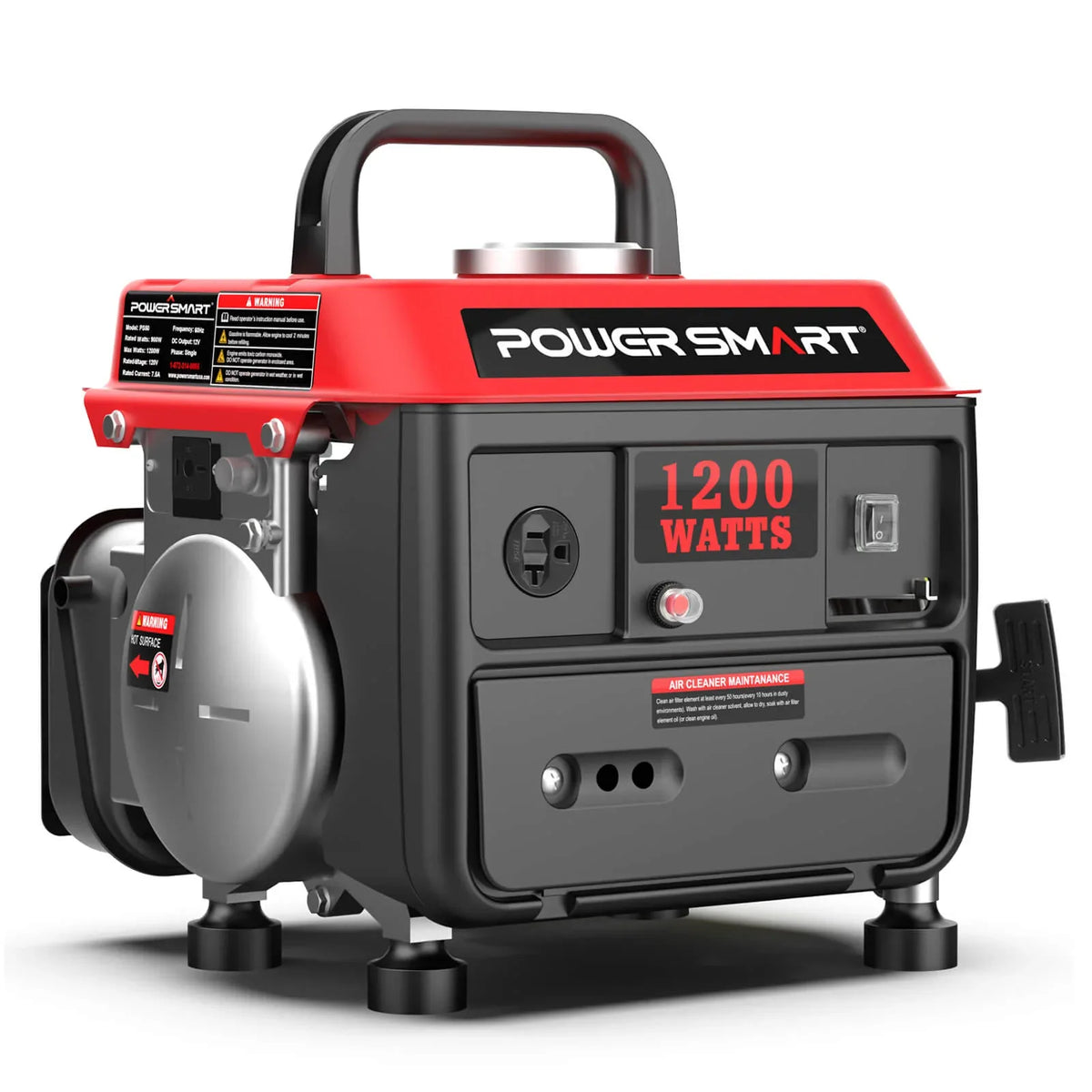 Side view of portable 1200W generator showing control panel and carry handle