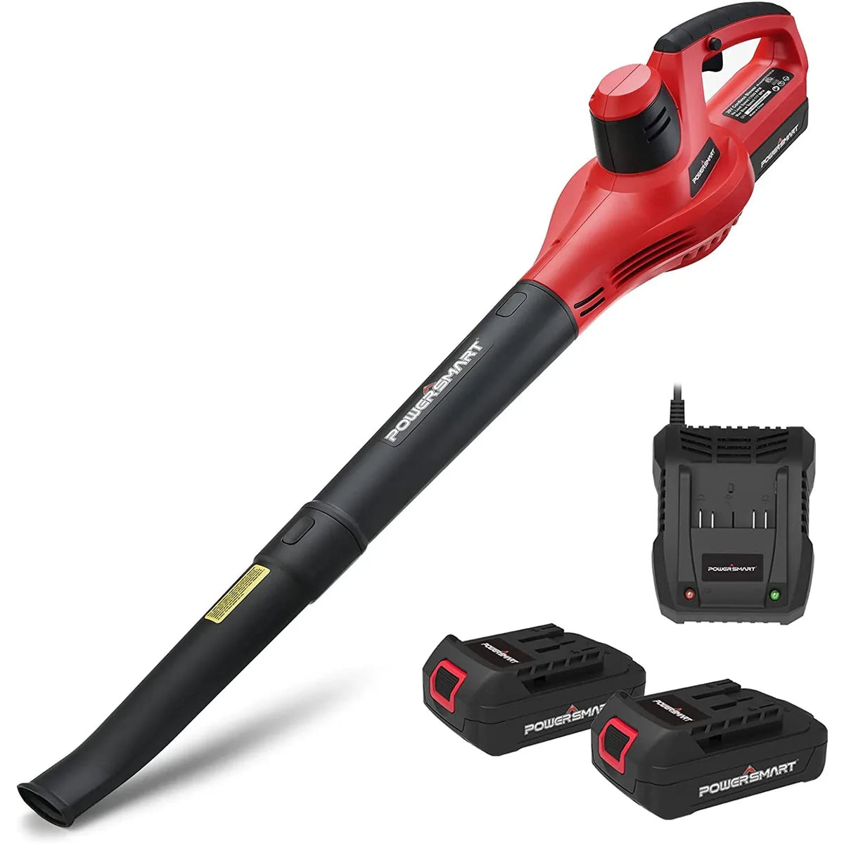 20V cordless leaf blower with black and orange handle and detachable pipe lying on white background.