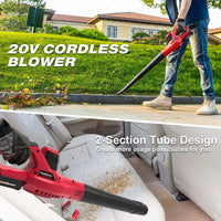 Leaf blower with attached blower tube displayed with two batteries and charger on white background.