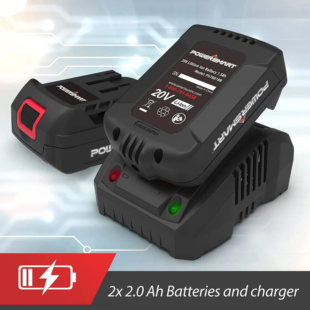 Fast charger unit with indicator lights displayed next to leaf blower batteries.