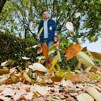 Leaf blower in action blowing fallen leaves on outdoor lawn area.