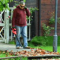 Cordless leaf blower with two batteries and charger, featuring a simple button control and ergonomic handle.