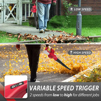 Leaf blower angled to display air output tube and battery compartment