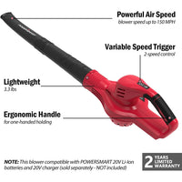 Side view of the cordless 20V leaf blower tool with ergonomic handle