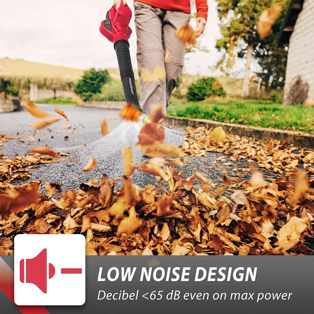 Leaf blower resting sideways highlighting lightweight design