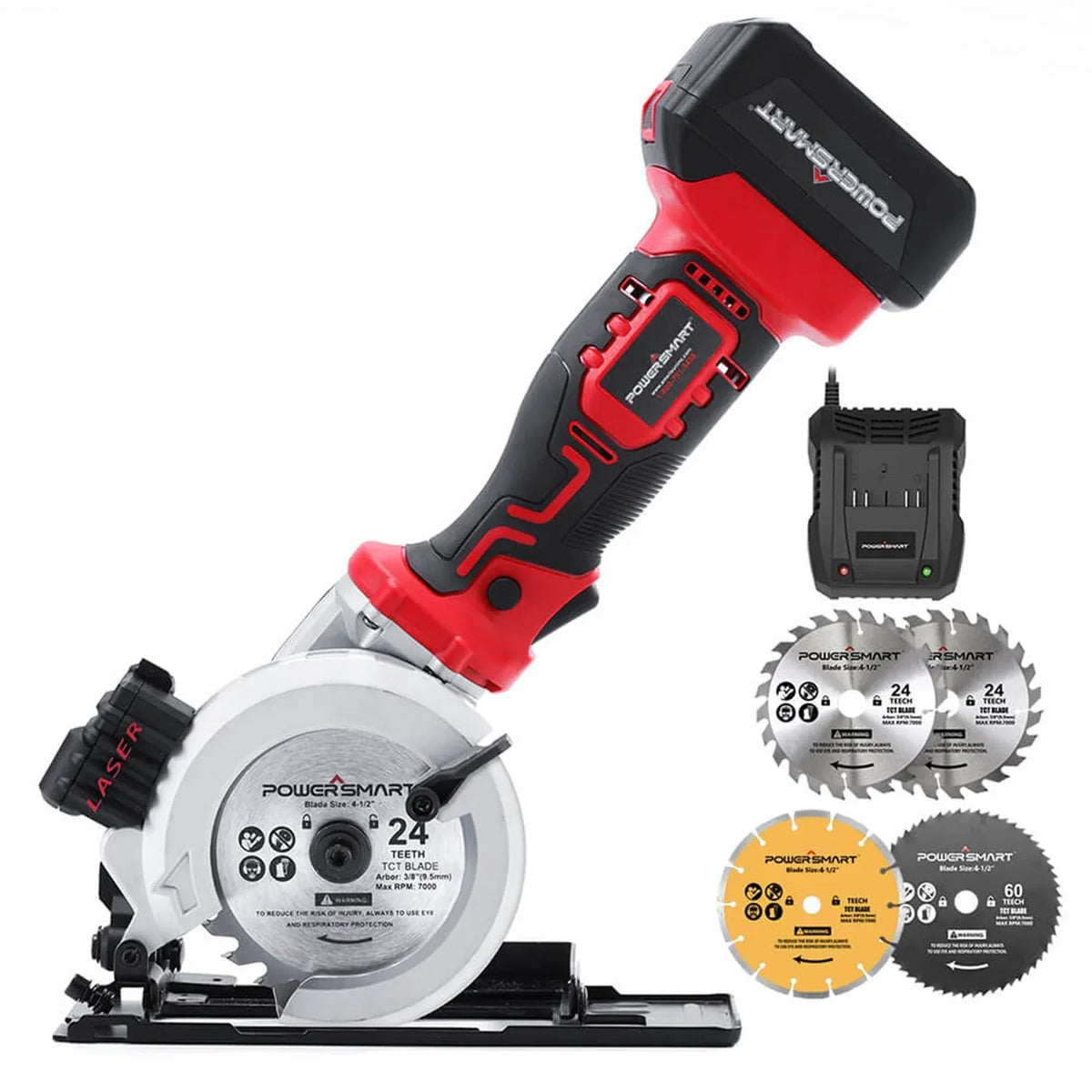 Compact 20V cordless mini circular saw displayed on a white background
