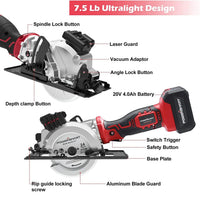 Cordless mini circular saw with battery and charger, featuring a compact design for precise, detailed cutting tasks.
