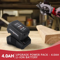 Compact cordless mini circular saw with 4.0Ah battery and charger, designed for precise, efficient cutting tasks.