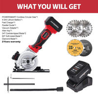 Cordless mini circular saw with ergonomic handle, shown with 4.0Ah battery and charger on a clean white surface.