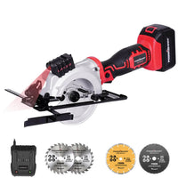 Mini circular saw angled to show blade and ergonomic grip in black and red colors