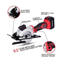 Close-up of power trigger and safety switch on cordless mini circular saw