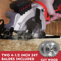 Mini circular saw held by hand cutting a wood plank for detailed trimming work