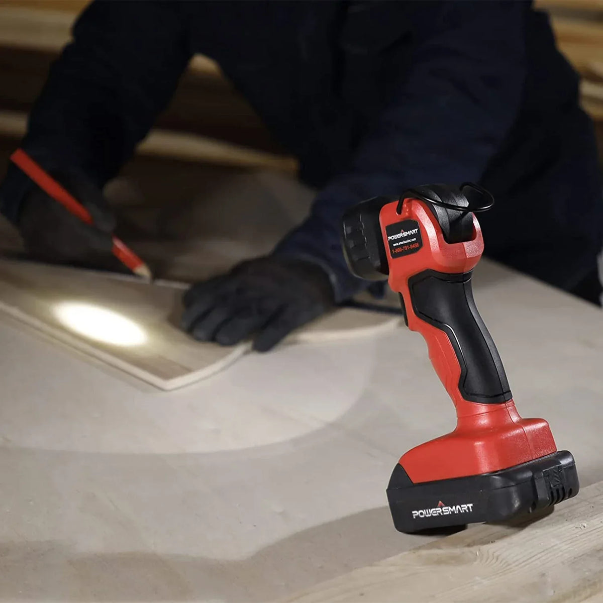20V LED work light shown from above, highlighting pivoting LED head and compact size