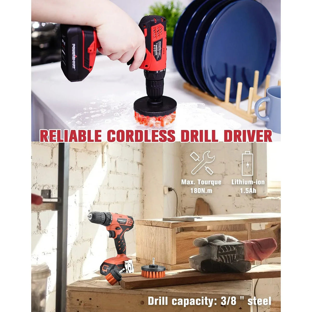 Two spare carbon brushes for cordless drill driver placed beside the main tool on white background.