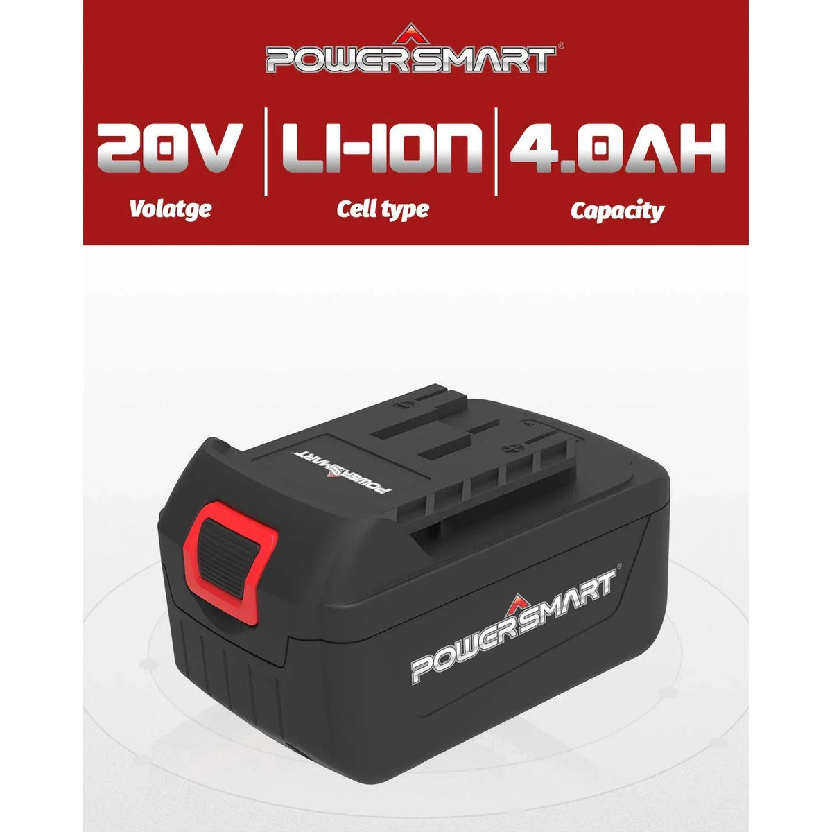 Close-up of lithium-ion battery pack terminals and label showing 20V 4.0Ah specifications.