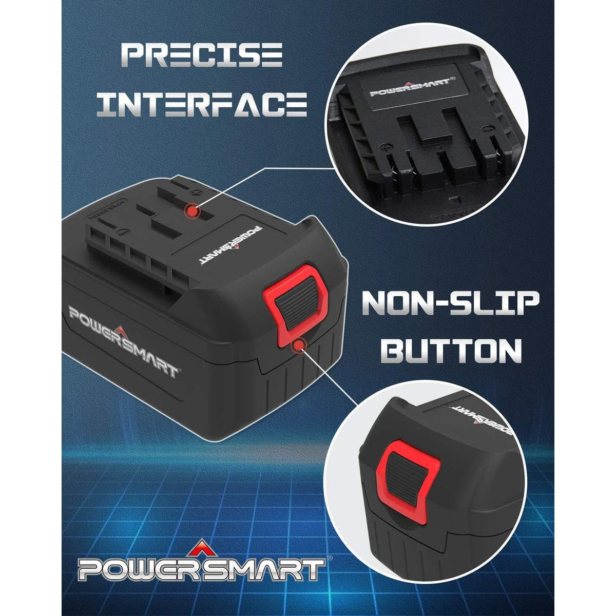 High-quality lithium-ion battery pack angled to display label and built-in microchip feature.