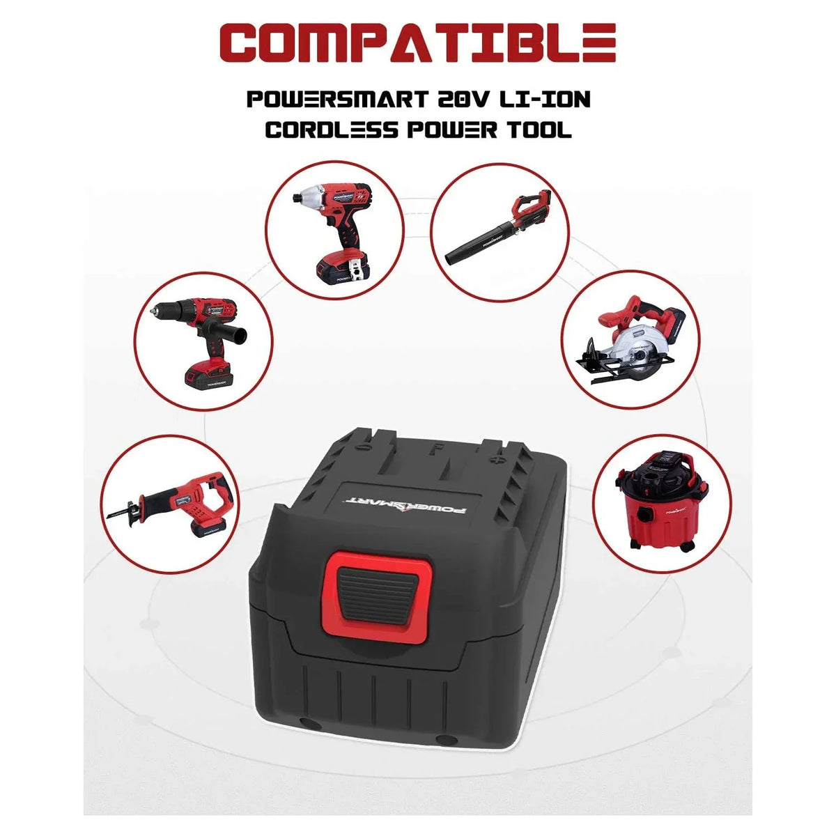 Side view of durable 20V lithium-ion battery with battery level indicator visible.
