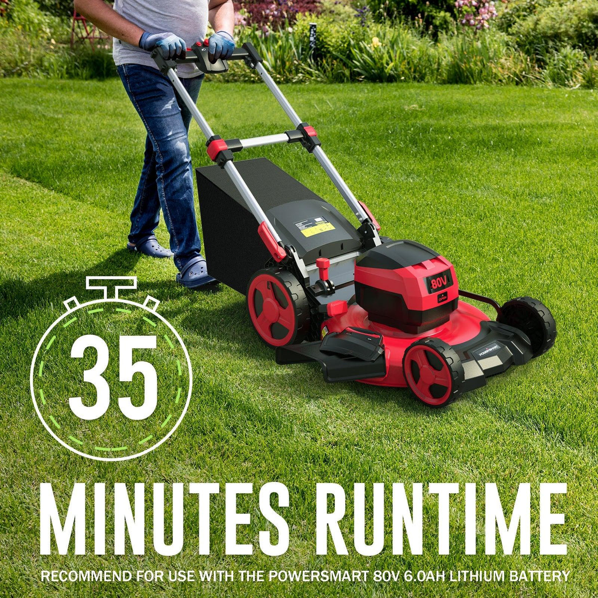 Graph illustrating runtime performance of 80V cordless lawn mower with 6Ah battery.