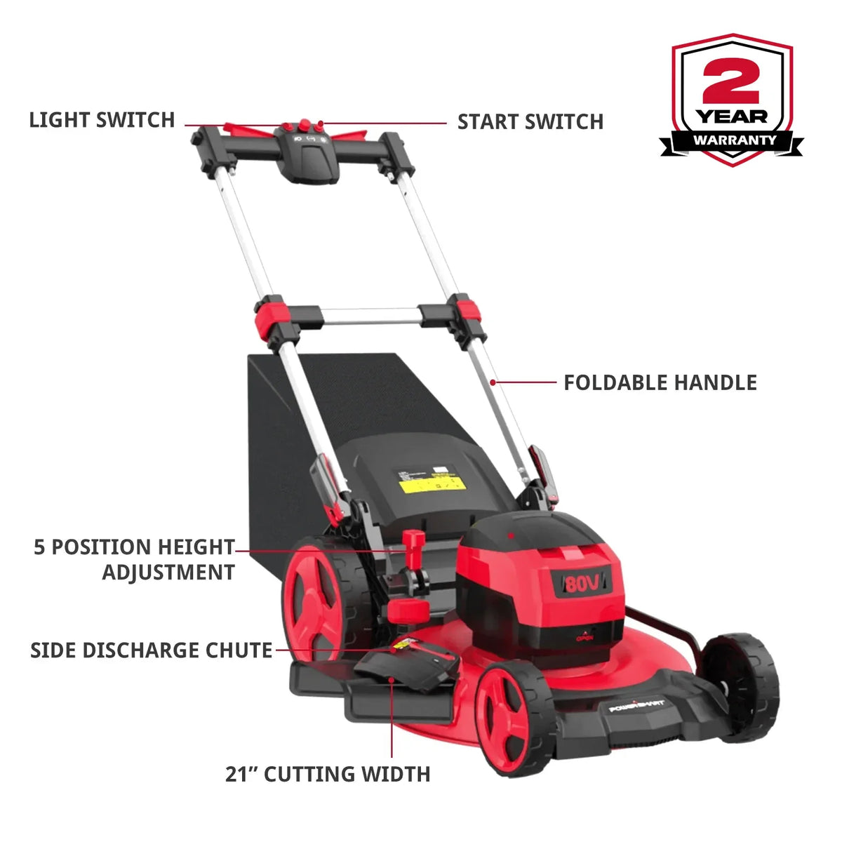 Side profile of PowerSmart cordless lawn mower showing larger rear wheel and grass discharge chute.
