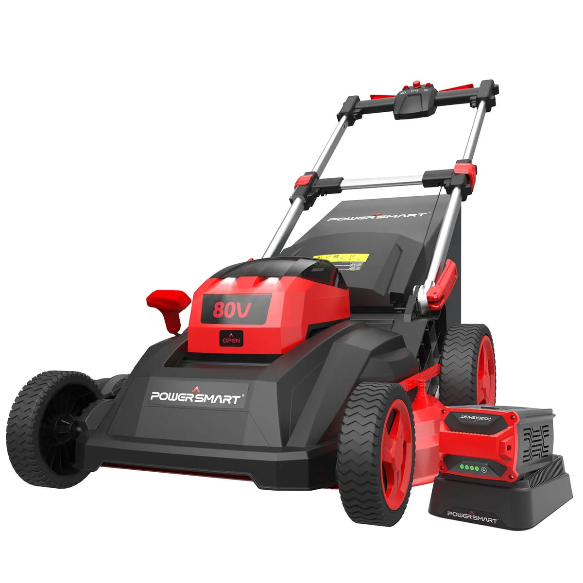 Close-up of lawn mower showing handle controls and brushless motor label.