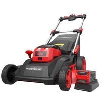 Close-up of lawn mower showing handle controls and brushless motor label.