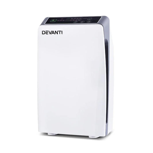 White Devanti air purifier showing front panel with LED air quality indicator lights.