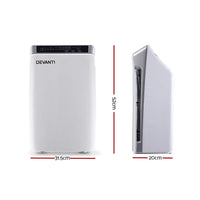 Side view of the white Devanti air purifier highlighting sleek ventilation design.
