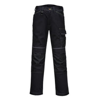 High visibility women's work pants in black with reflective stripes on the legs.