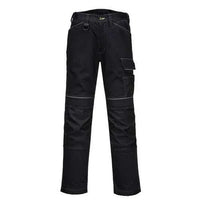 Front view of high visibility women's black work pants with elastic fit and reflective details.