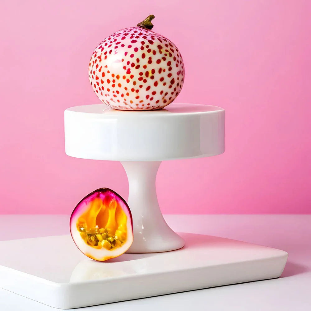 Square image of Passionate Fruit Black Marquina Candle showing vibrant fruity label and elegant ceramic vessel.