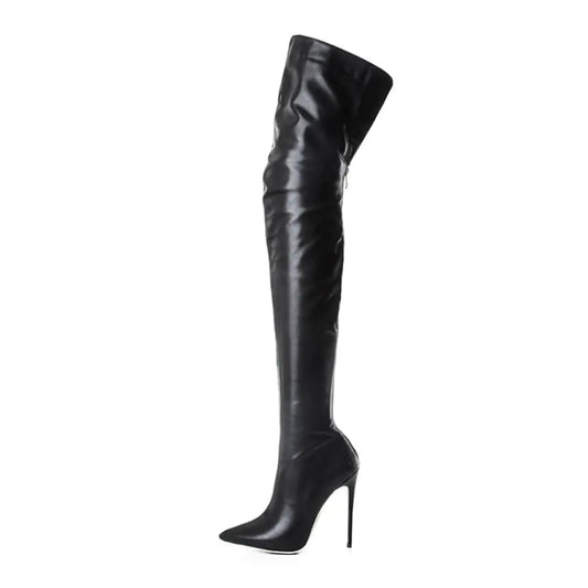 YING LAN Over the Knee High Boots for Women Sexy Zipper Pointed Toe High Heel Faux Leather Surgical Stretch Riding Thigh High Boots Black Size 4.5