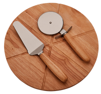 A wooden pizza board with slice guides, a stainless steel cutting wheel, and a matching pizza server.