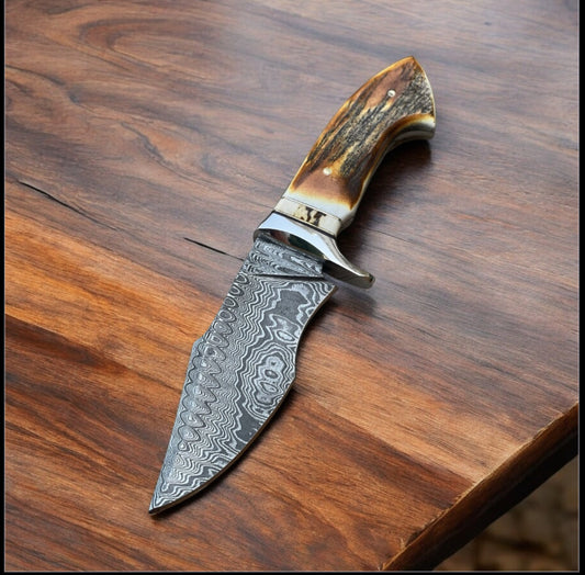 Premium Damascus Steel Hunting Knife with Stag Horn Handle – 10" Overall Length