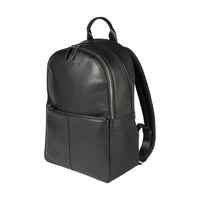 Front view of black nylon and genuine leather backpack with silver zippers